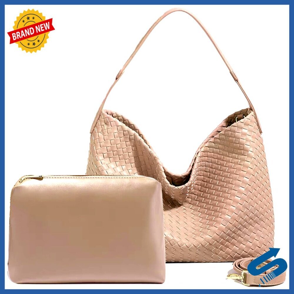 Vegan Leather Woven Tote Shoulder Bag Crossbody Handbag with Clutch